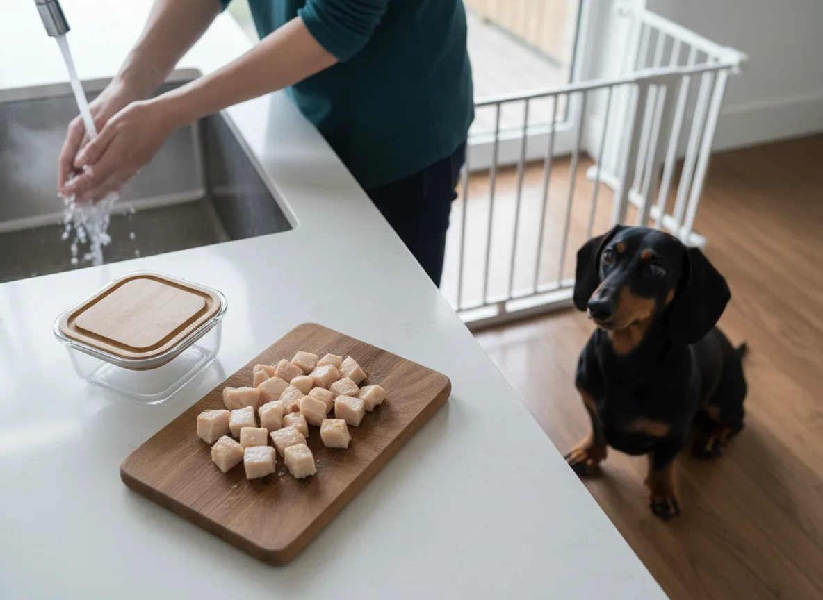Owner washing hands beside prepared chicken pieces and a food storage container.