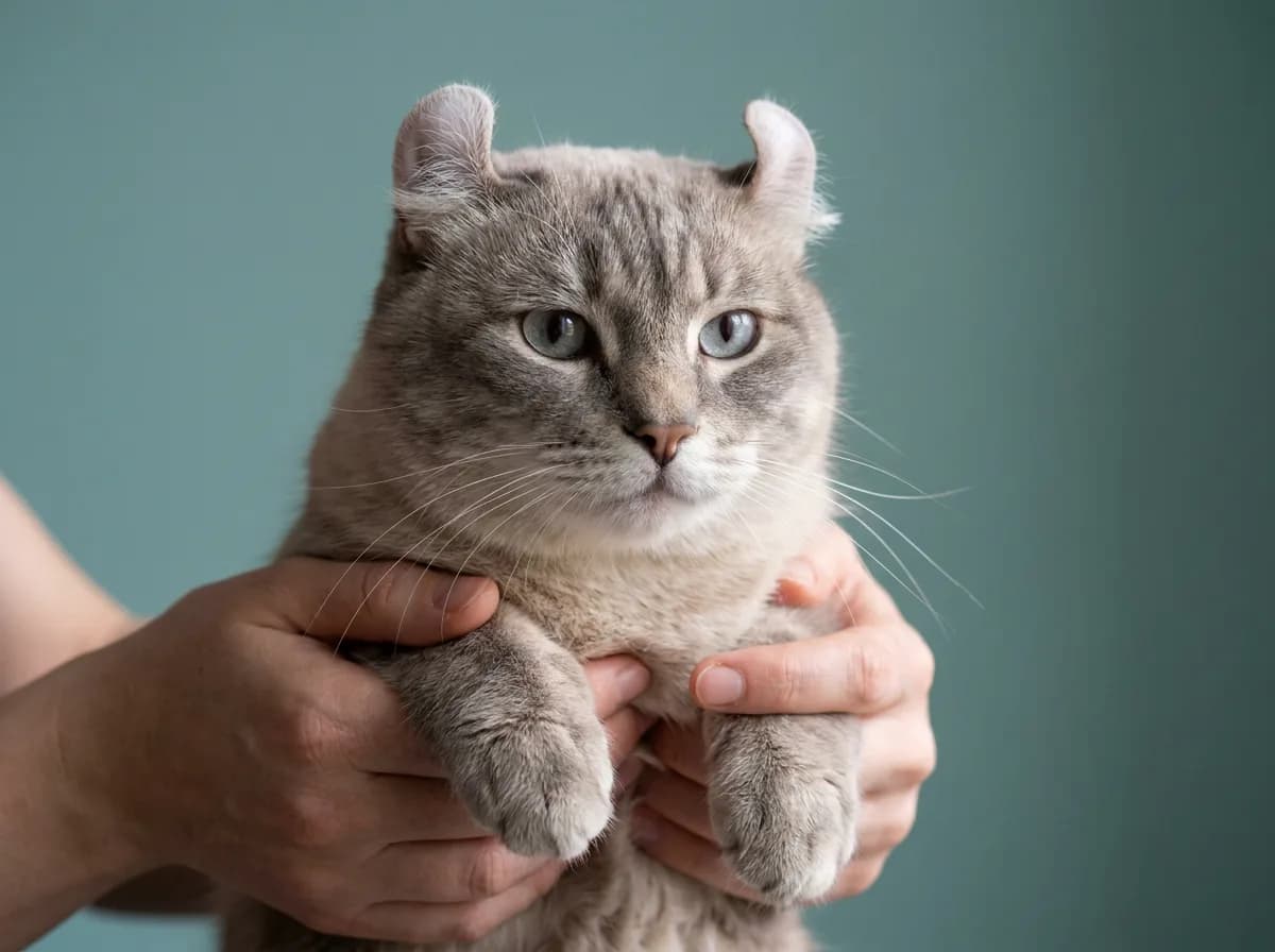Illustrated gray cat with backward-curled ear tips held gently around the chest.
