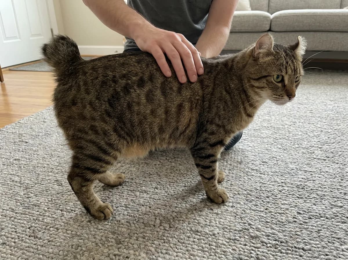 Illustrated muscular short-tailed tabby standing beside a person on a carpet.