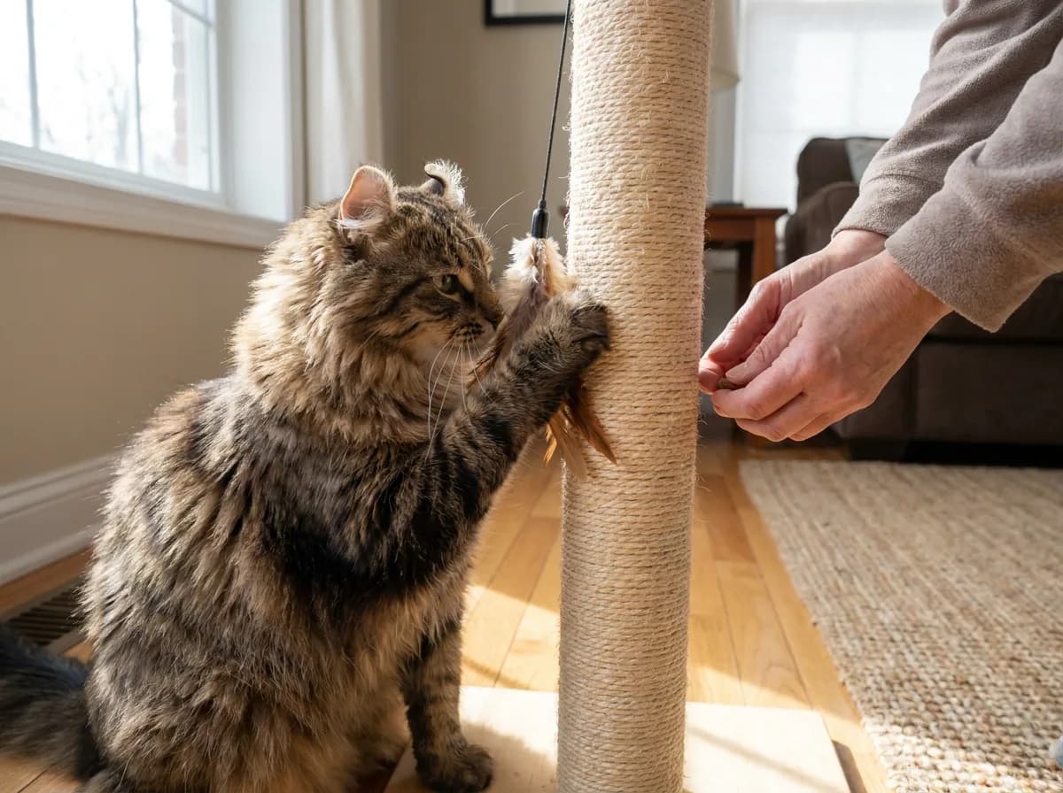 Illustrated longhaired tabby stretching against a sisal scratching post.