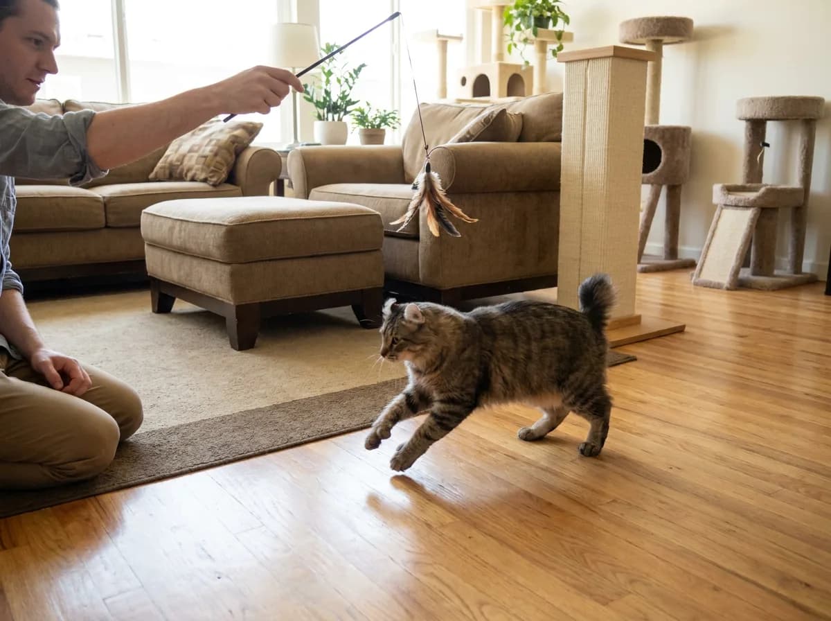 Illustrated short-tailed tabby chasing a feather wand in a room with climbing furniture.