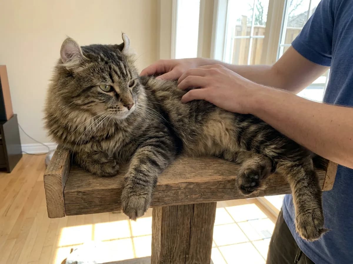 Illustrated longhaired tabby being gently groomed on a wooden platform.