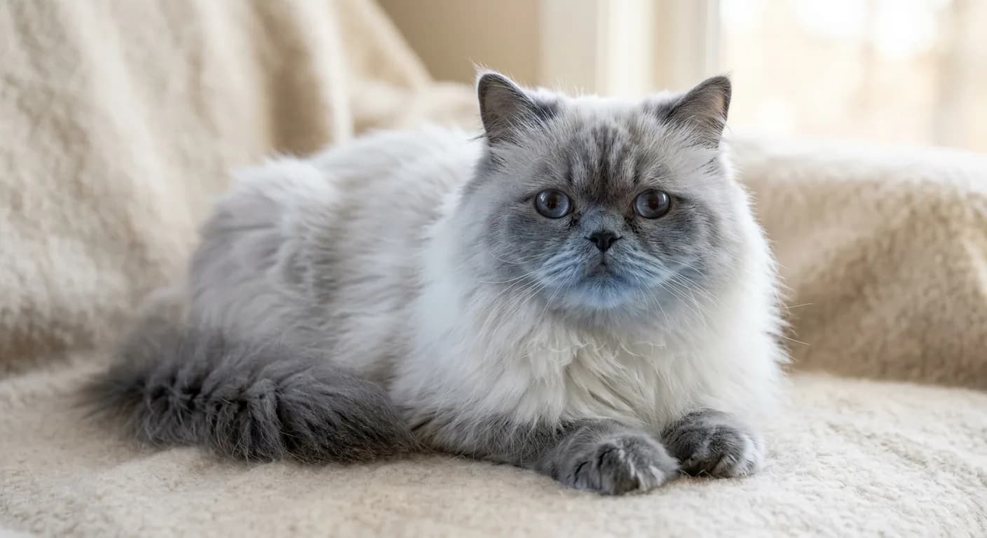 A blue point Himalayan cat with a bluish-white body and cool slate-gray points on the ears, face, legs and tail, with blue eyes