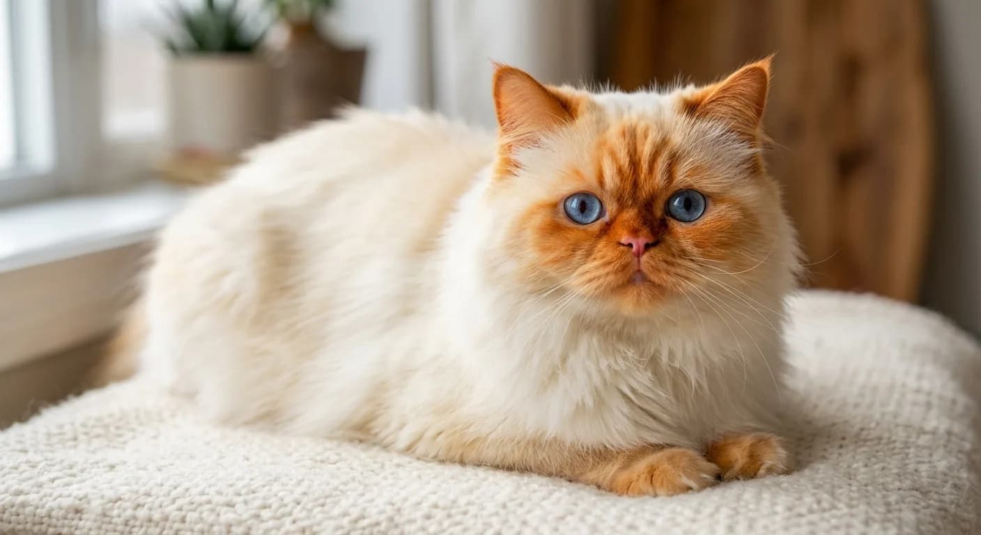 A flame point (red point) Himalayan cat with a creamy white body, bright reddish-orange points on the ears and face, a pink nose, and blue eyes