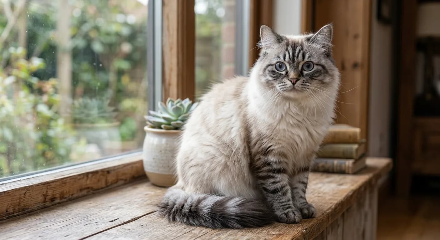 A blue lynx point Himalayan cat with slate-gray tabby-striped points, an M-shaped marking on the forehead, banded legs, and blue eyes