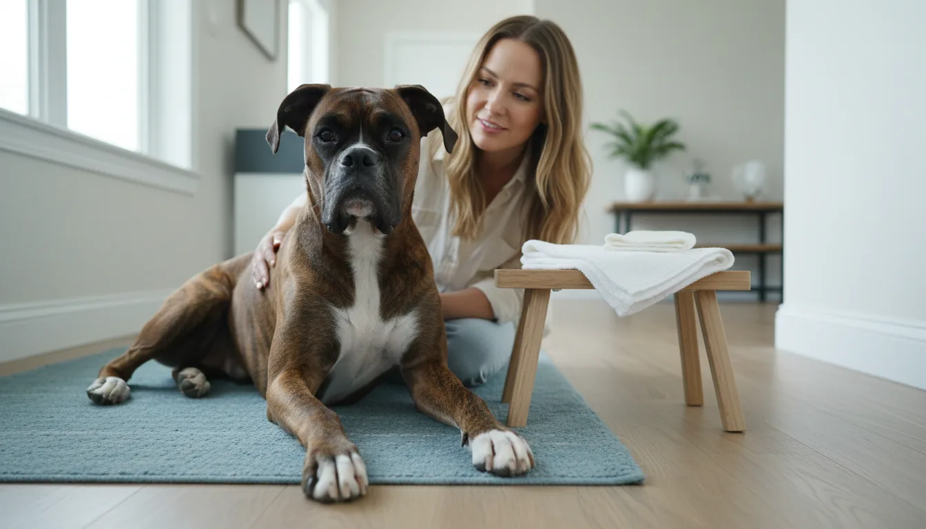 Brindle boxer resting on a blue rug beside an owner and clean wiping supplies.