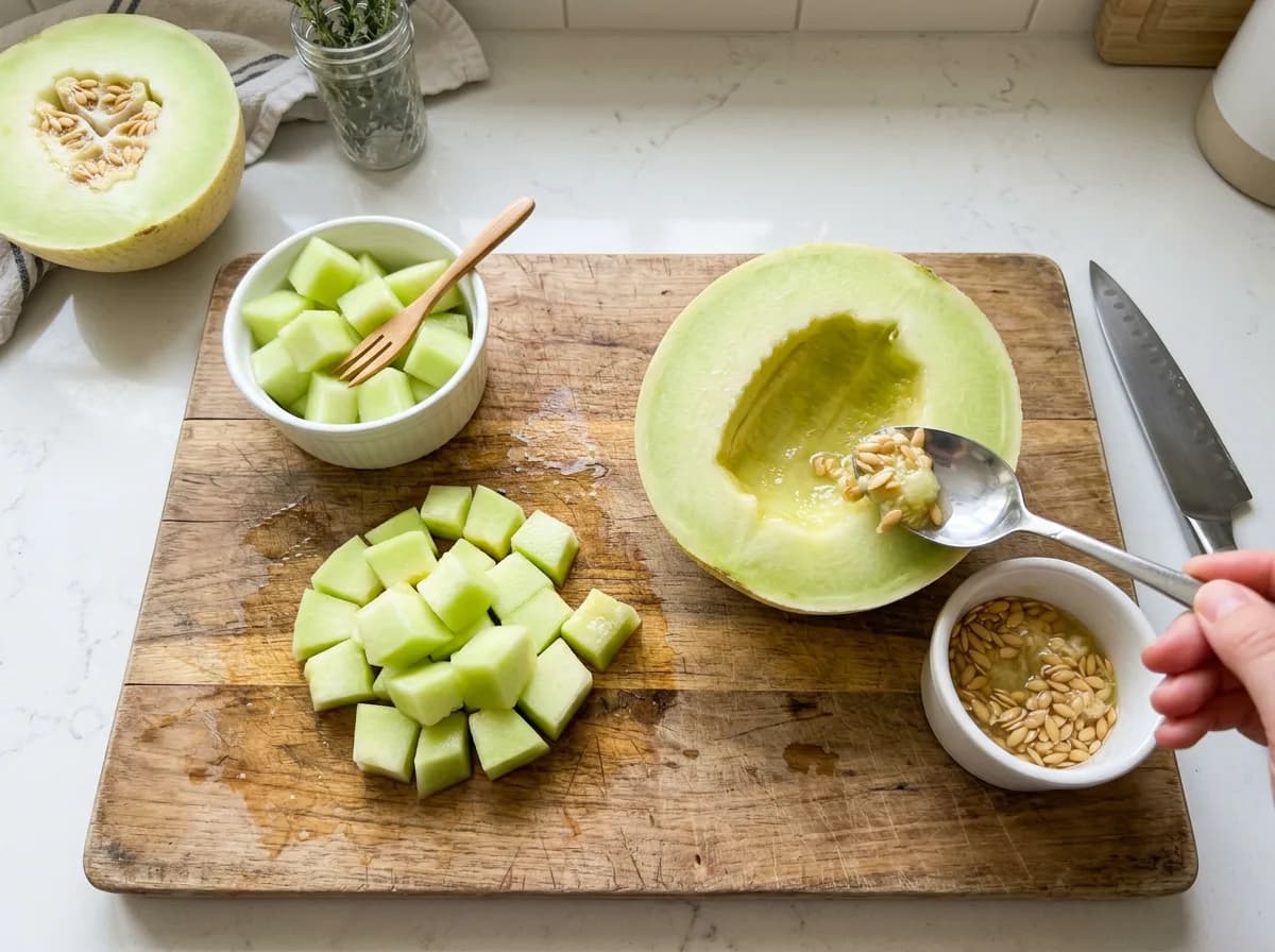 Honeydew melon with seeds scooped out and flesh cut into bite-sized cubes for a dog