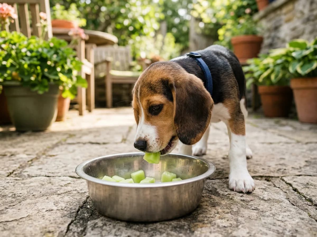 A beagle eating a single bite-sized piece of honeydew melon from a dog bowl