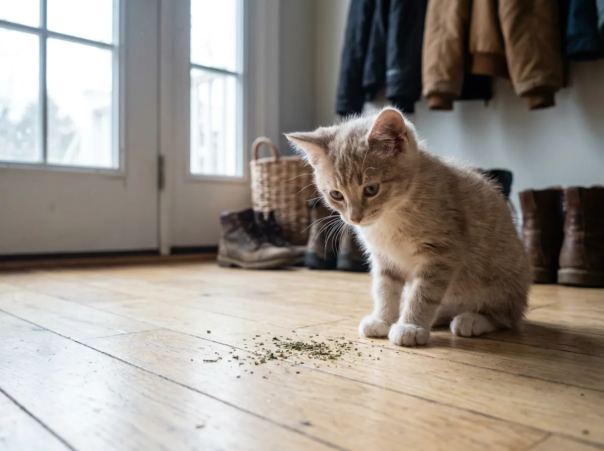 A cream-colored kitten sits on a wooden entryway floor and looks down at a small scattering of dried catnip.