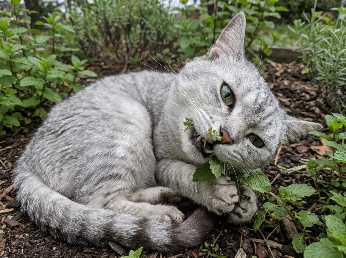 A silver-gray tabby cat curled on garden soil chews a fresh catnip sprig while holding it with its front paws.