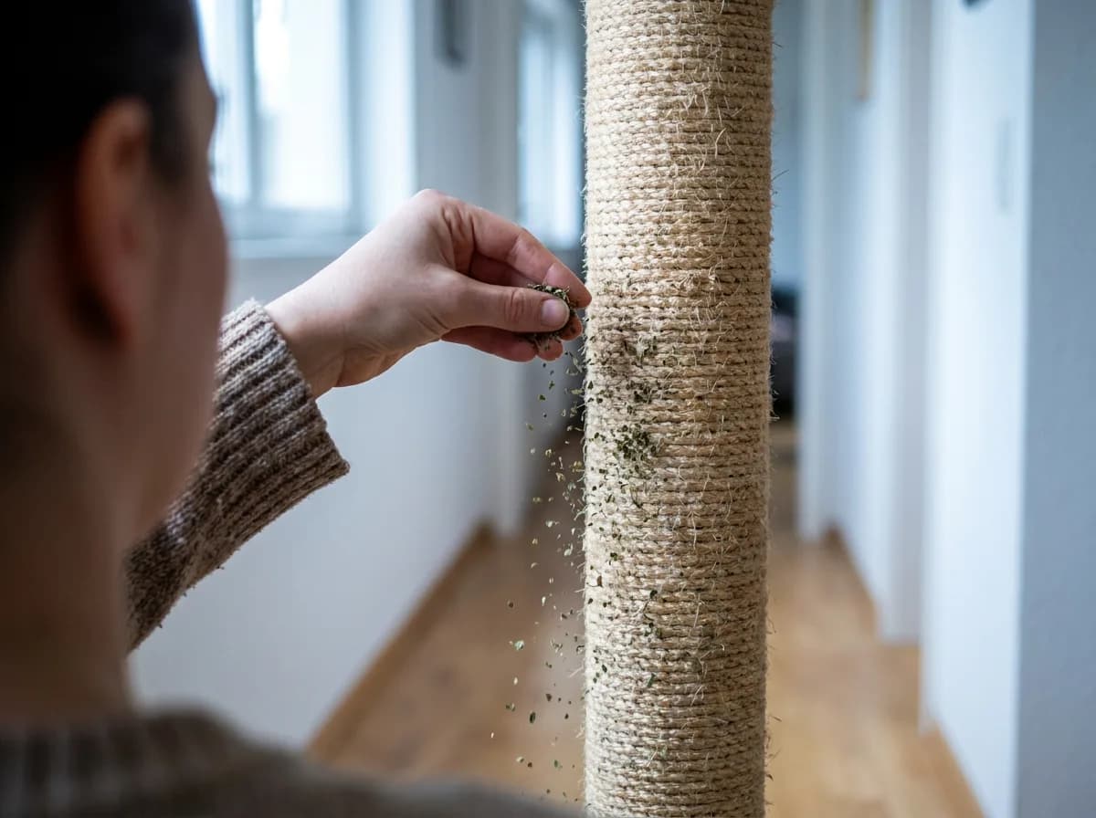 A person's hand sprinkles dried catnip onto a sisal-wrapped scratching post in a bright hallway.