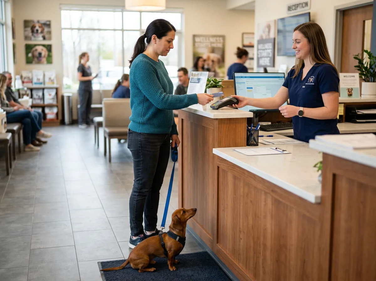Pet owner paying the bill at a veterinary clinic reception desk with a dachshund on a leash