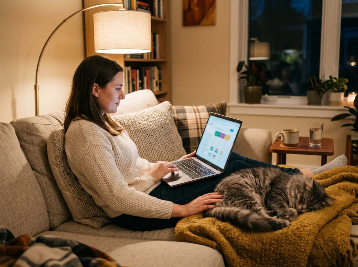Pet owner comparing pet insurance plans on a laptop while a gray cat sleeps beside them