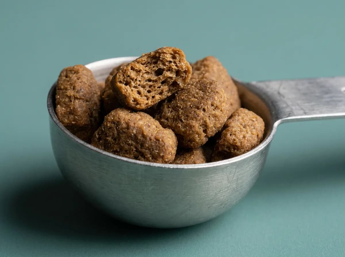 Dry kibble pieces in a metal spoon, including a broken piece showing its porous interior.