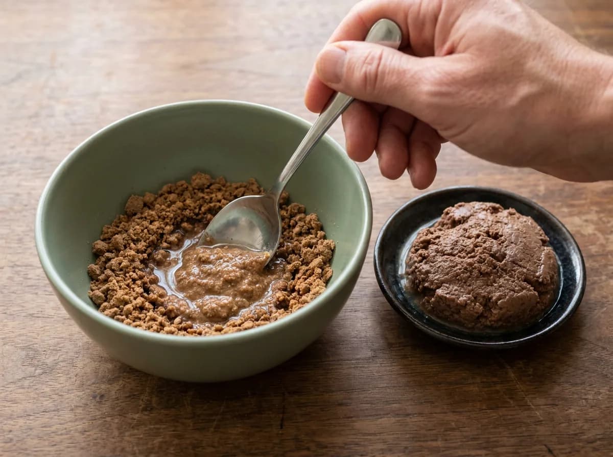 A spoon stirs water into dehydrated food beside a separate portion of moist ground food.