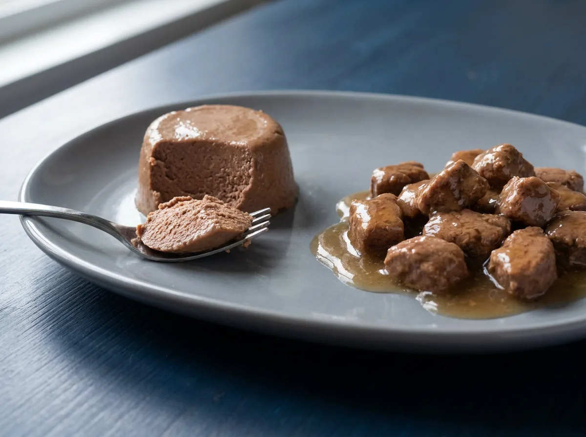 Smooth pate and chunks in gravy shown side by side on a plate.