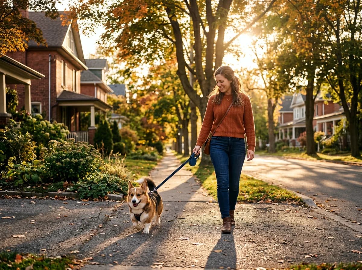 A woman dog walker walking a corgi on a leash through a leafy suburban neighborhood at golden hour