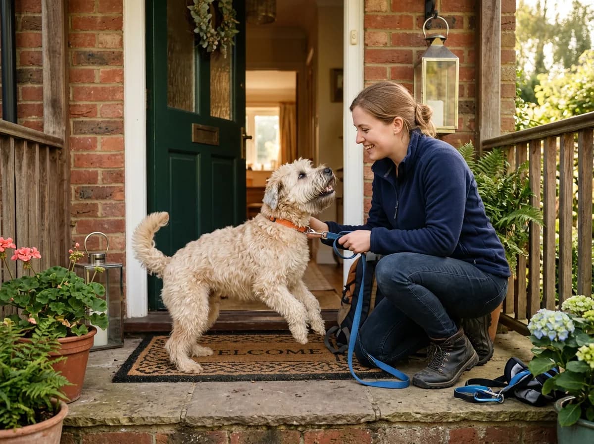 A dog walker crouching to greet an excited wheaten terrier at a home's front doorway while clipping on a leash