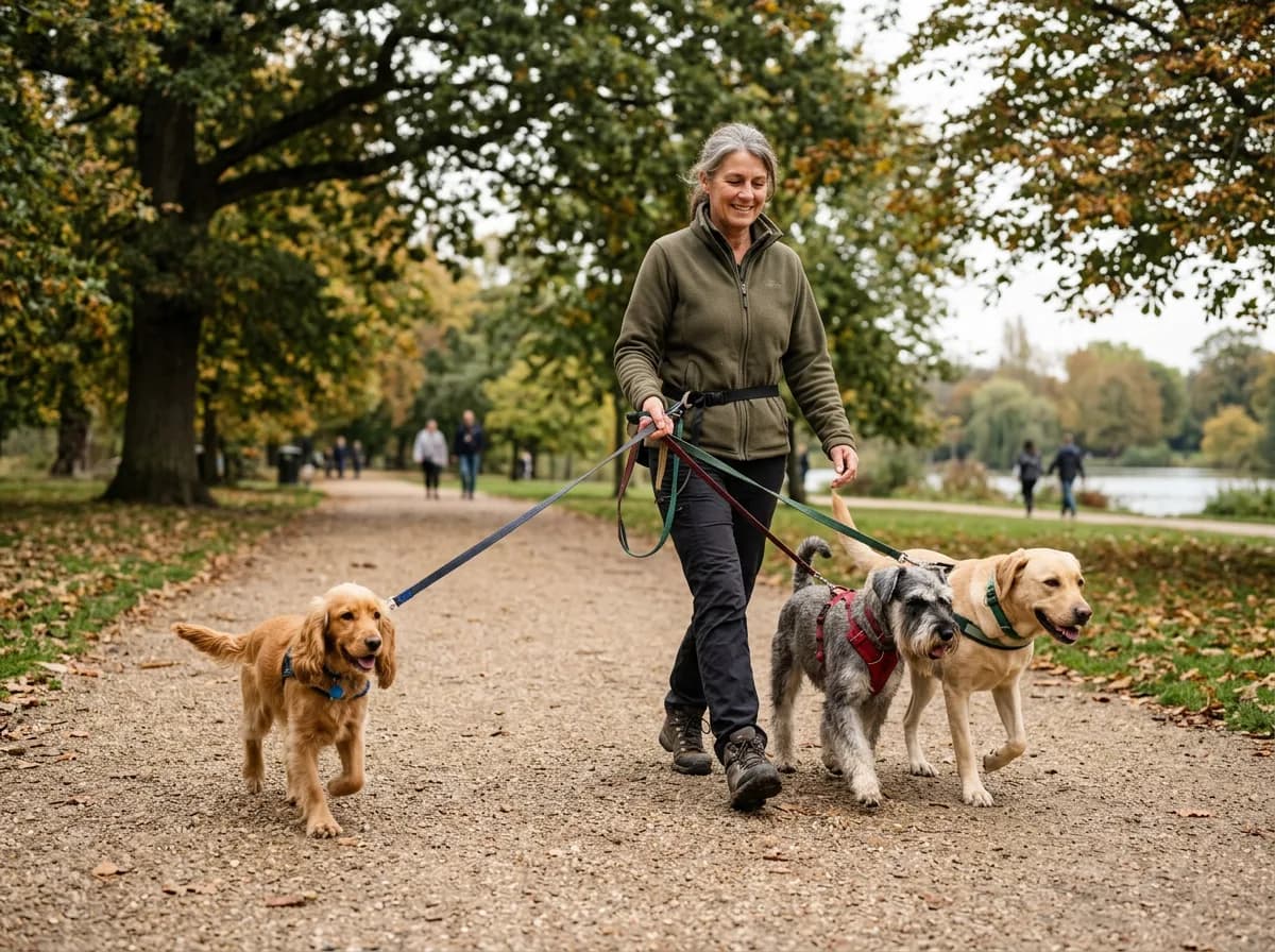 One dog walker holding three leashed dogs of different breeds walking together on a wide park path