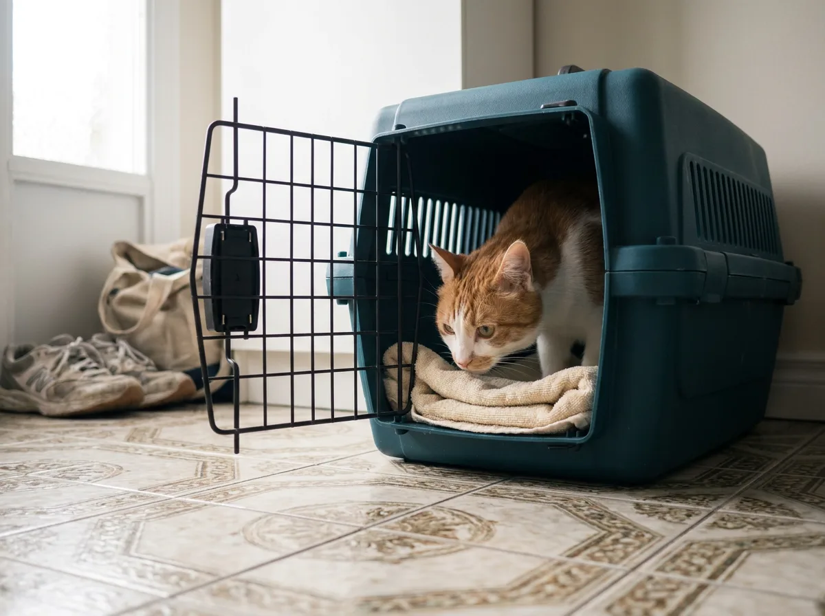 Ginger and white cat resting inside an open hard-sided carrier