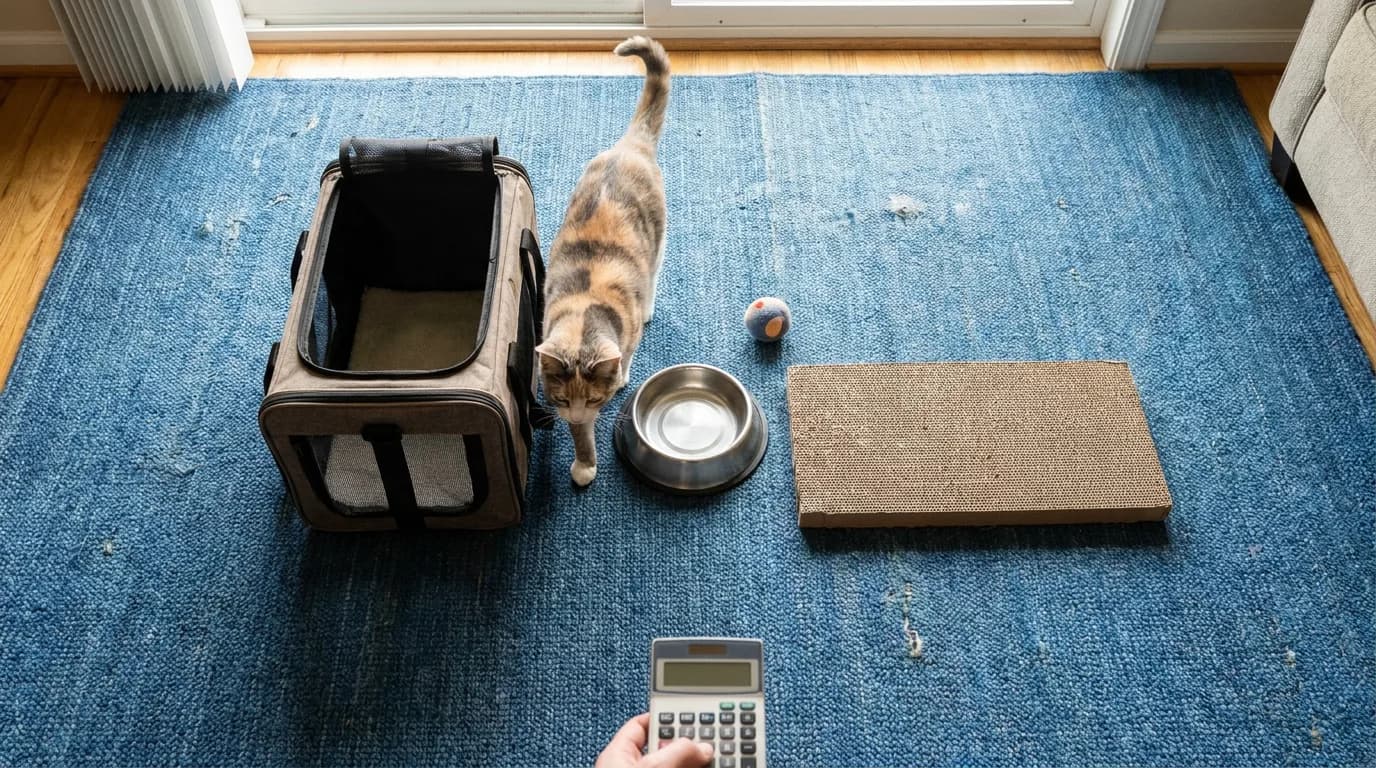 Calico cat beside a carrier, bowl, scratching board, and toy on a blue rug
