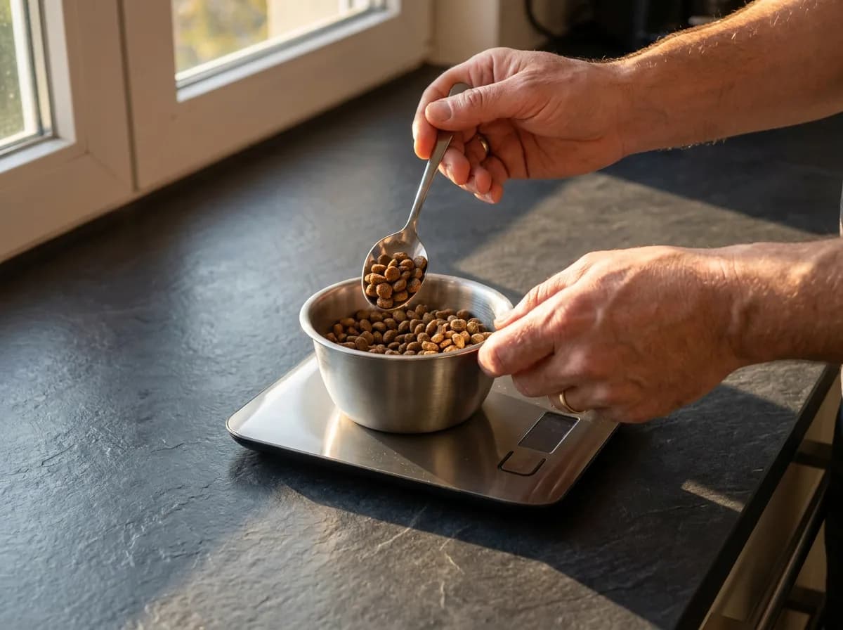Hands measuring dry cat food in a metal bowl on a kitchen scale