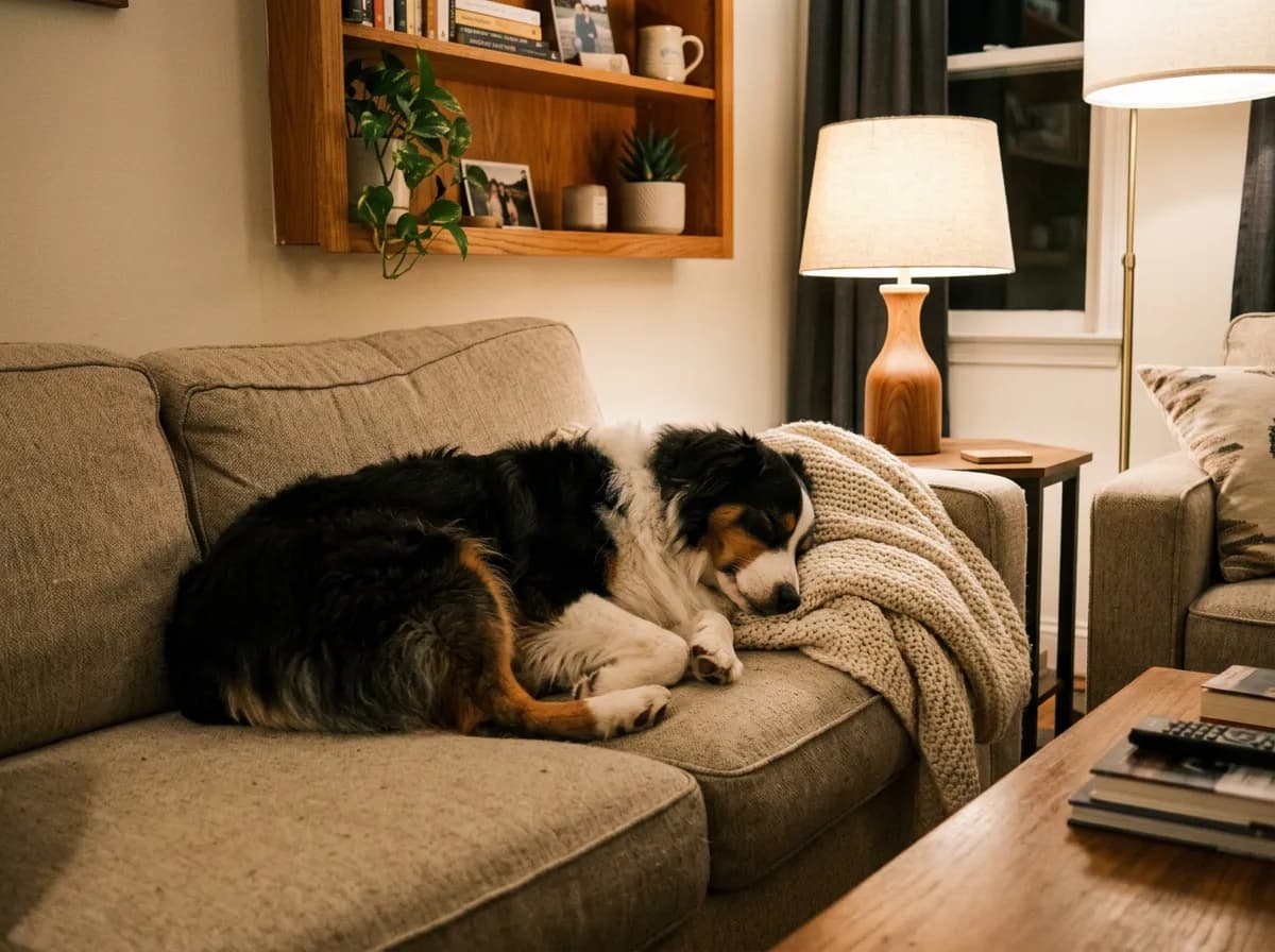 A tricolor Australian shepherd curled up on a beige living-room sofa in a private sitter's home