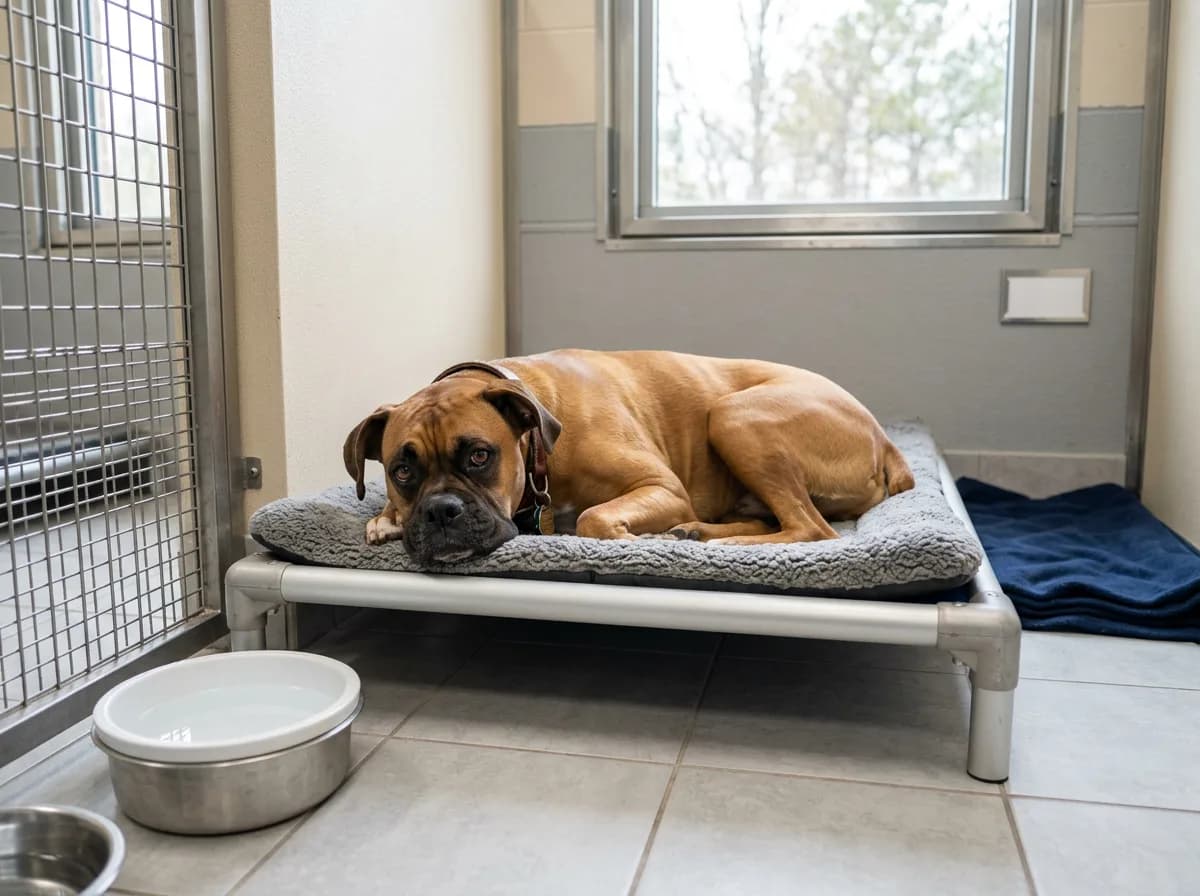 A relaxed tan boxer resting on a raised bed inside a clean, spacious individual boarding kennel suite
