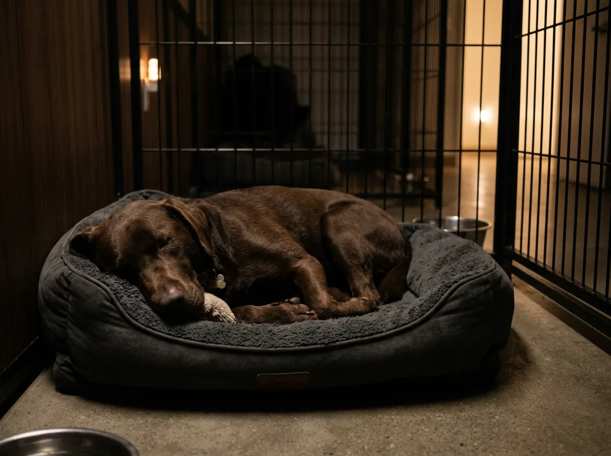 A sleepy chocolate labrador bedded down for the night on a plush dog bed at a boarding facility