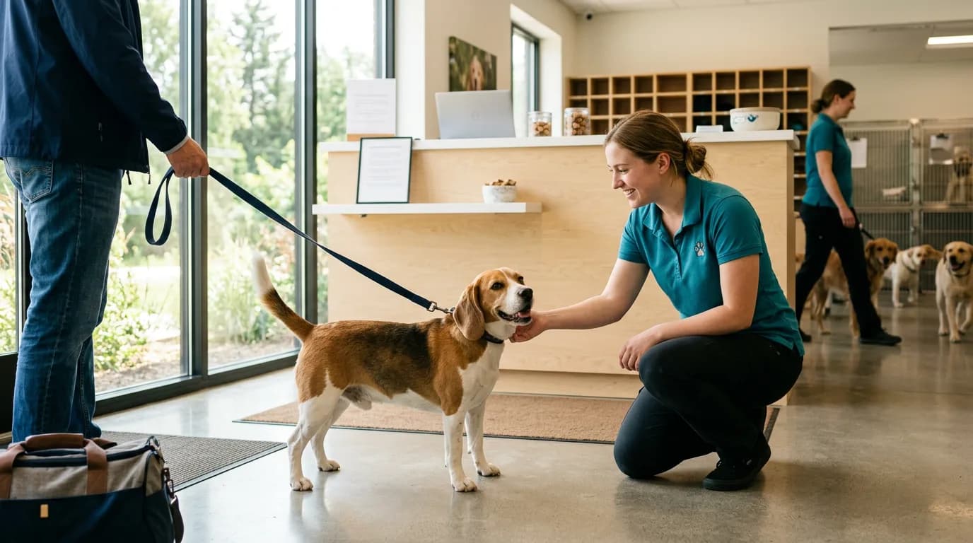 A brown and white beagle on a leash being greeted by a staff member at the reception desk of a clean dog boarding facility