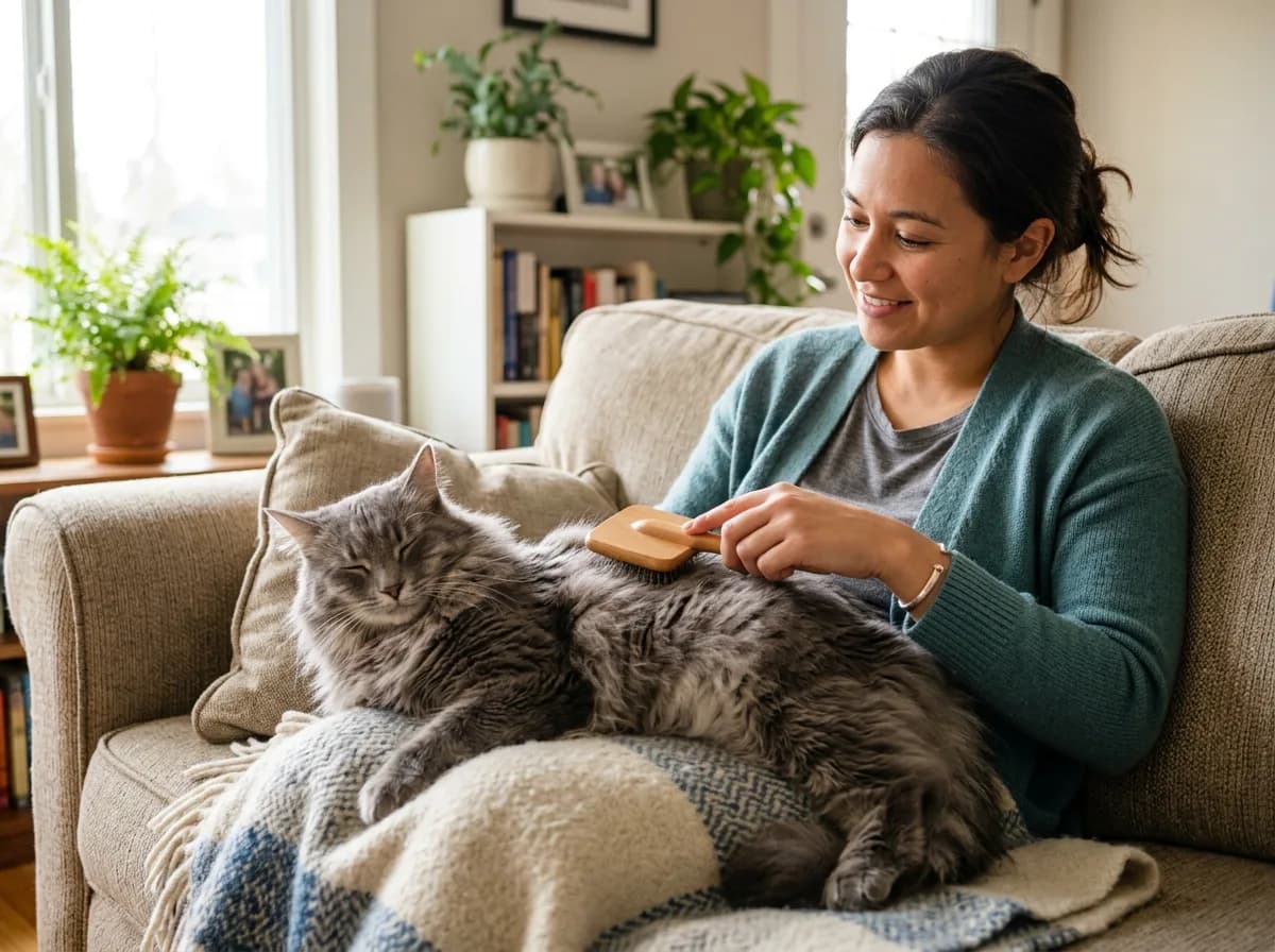 A pet sitter gently brushing a relaxed long-haired gray cat on a couch during a visit