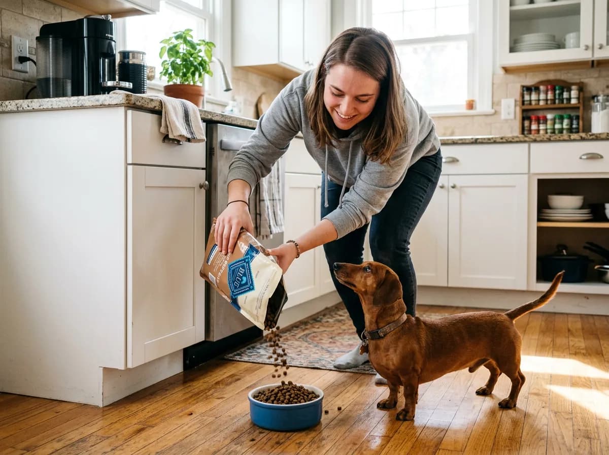 A pet sitter filling a dachshund's food bowl during a drop-in visit in a sunny kitchen