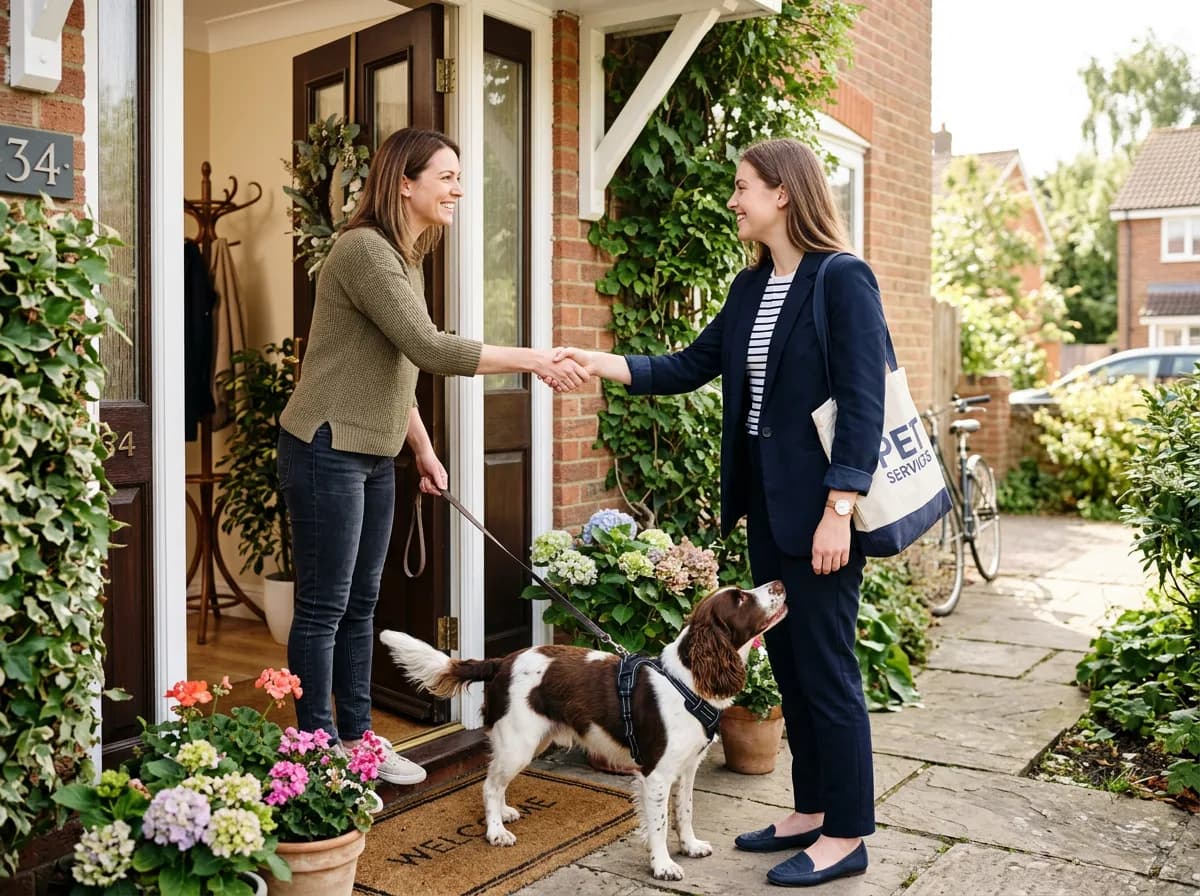 A pet owner and a new pet sitter shaking hands at the front door during a meet-and-greet while a spaniel sniffs the sitter