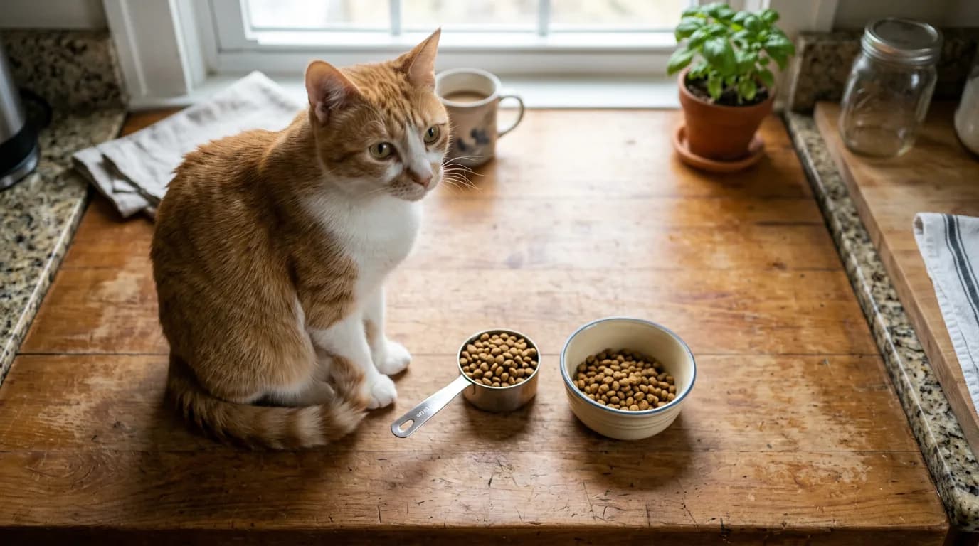 A ginger-and-white cat beside a measured scoop of kibble and a bowl on a kitchen counter