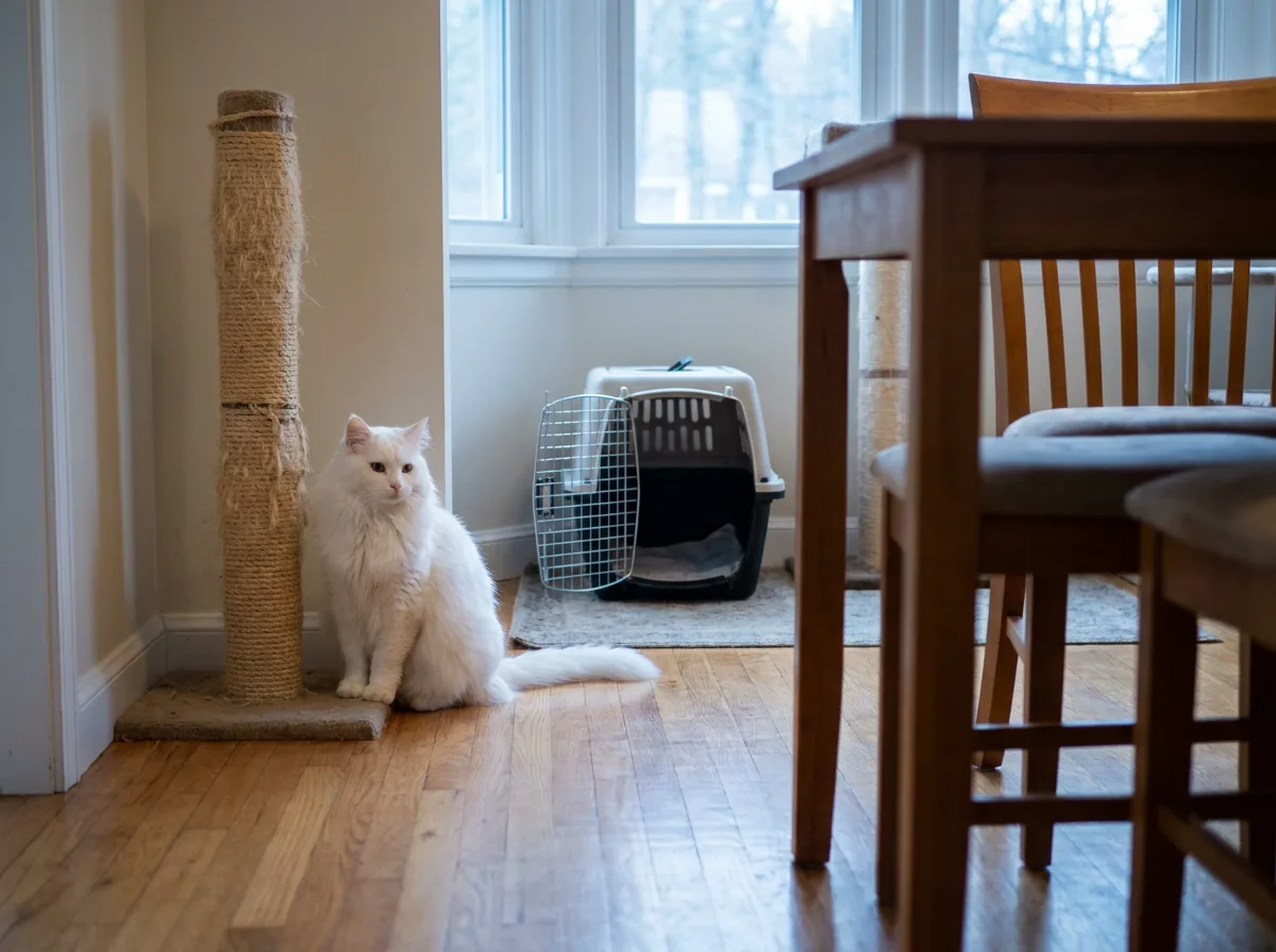 White longhaired cat beside a scratching post with a carrier nearby