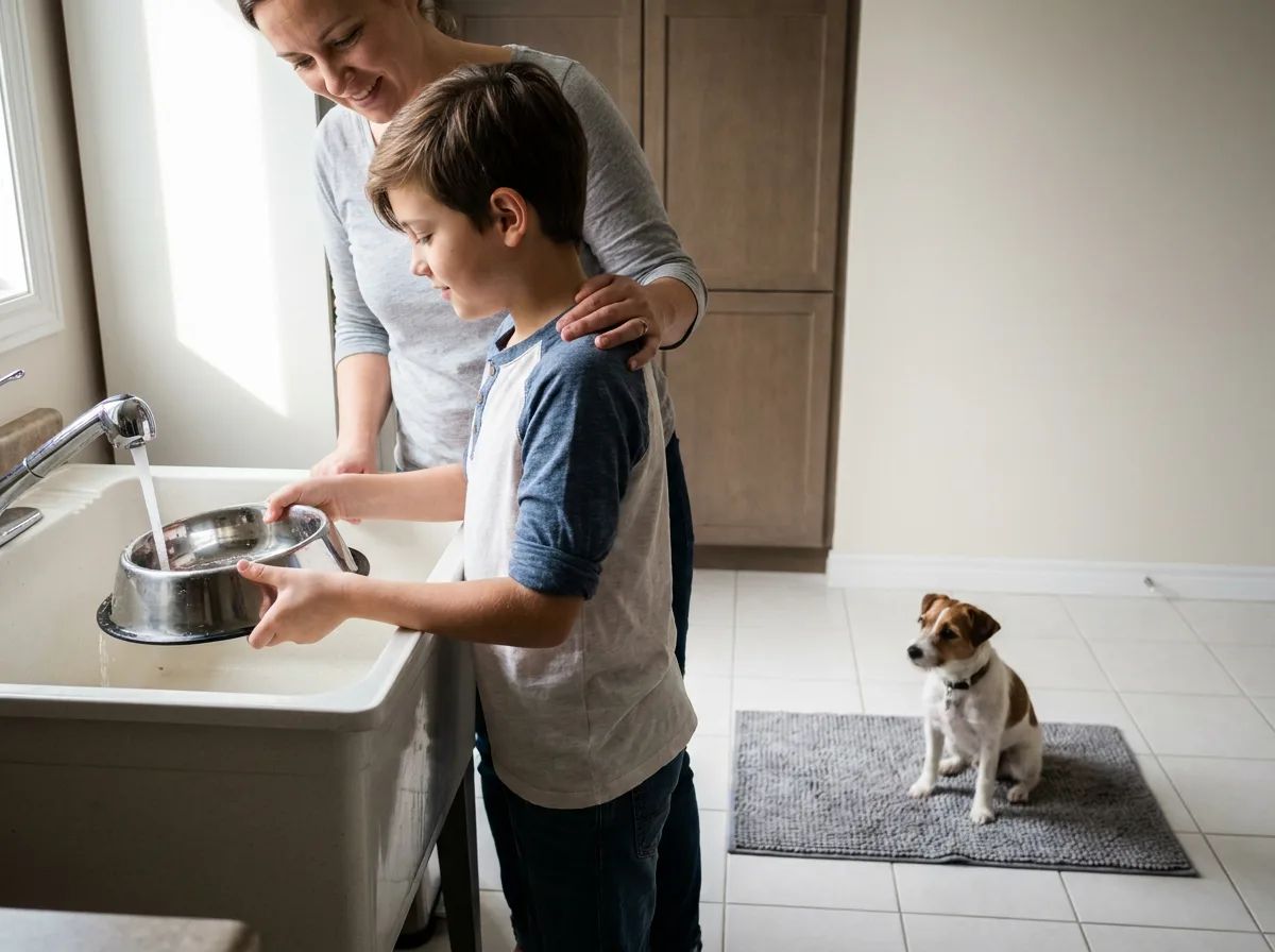 Parent supervising a child filling a water bowl while a small dog waits nearby