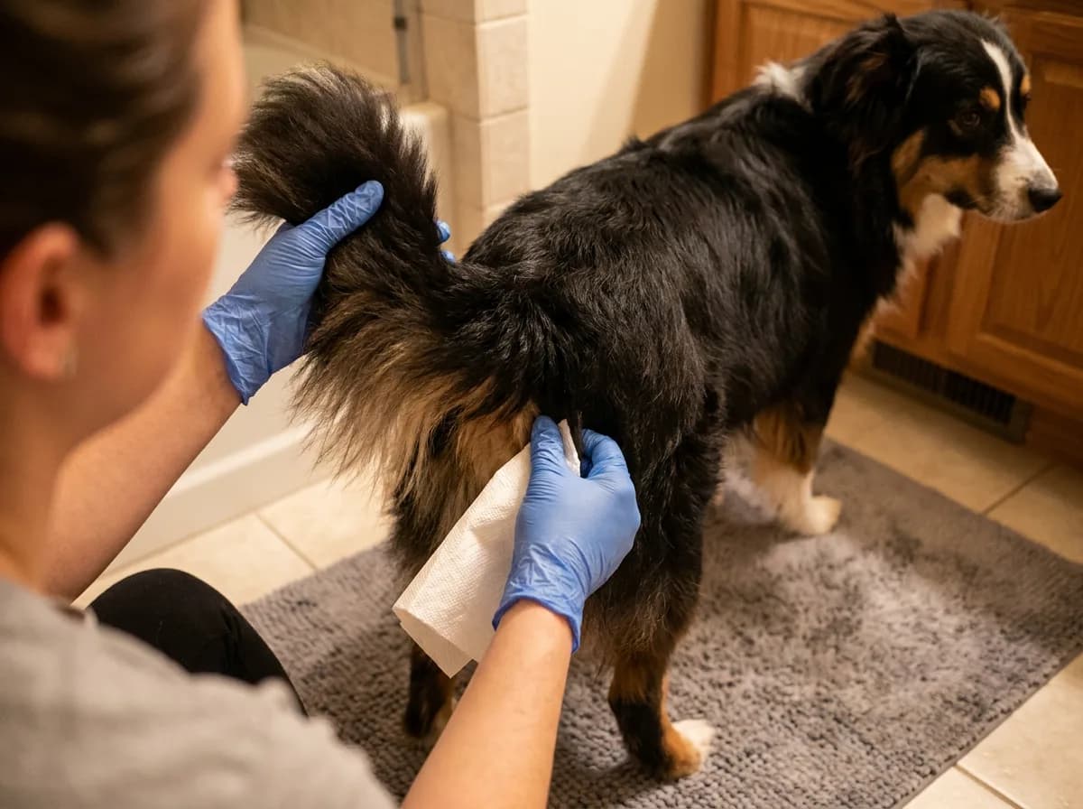 From behind, a gloved person lifts a standing dog's fluffy tail with one hand and holds a folded paper towel at the tail base with the other, on a gray bath mat.