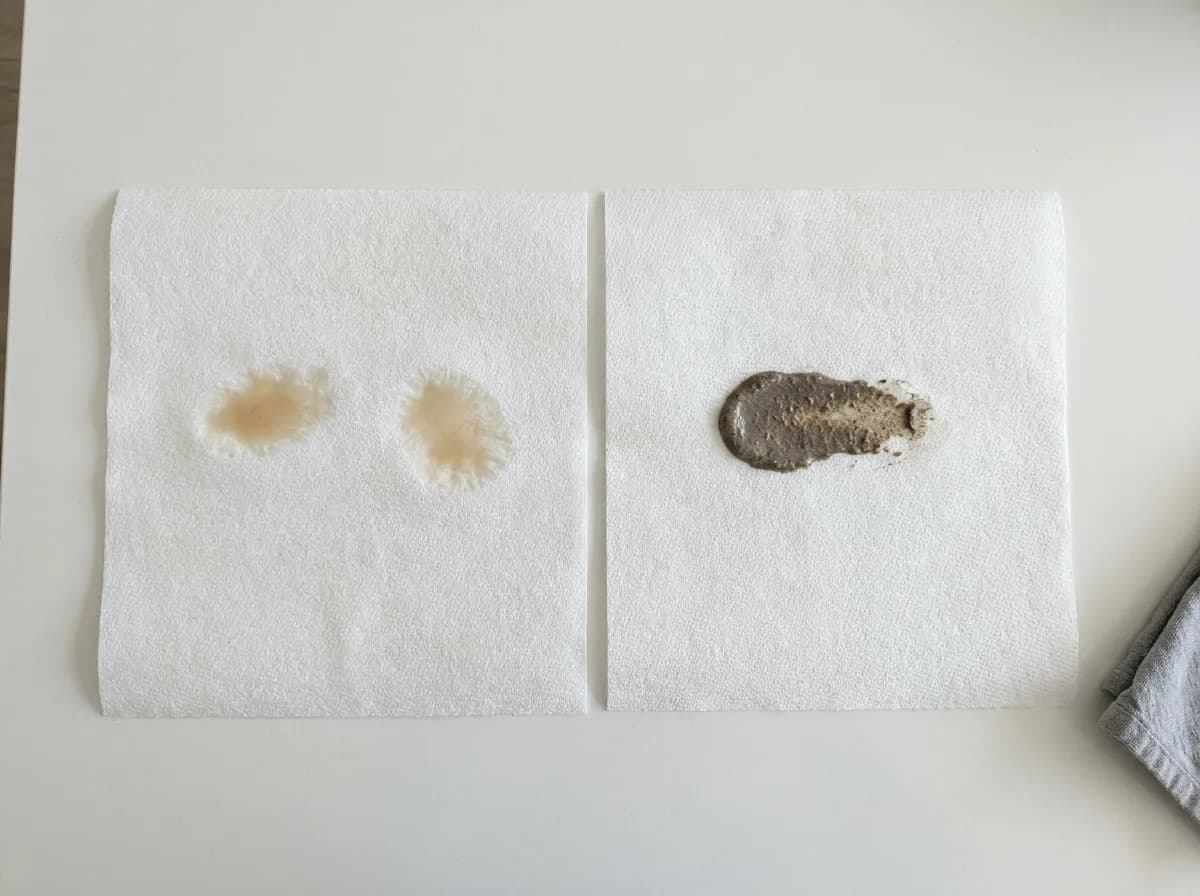 Two white paper towels lie side by side on a white counter, the left with two thin tan smears and the right with one thicker gray-brown gritty smear.