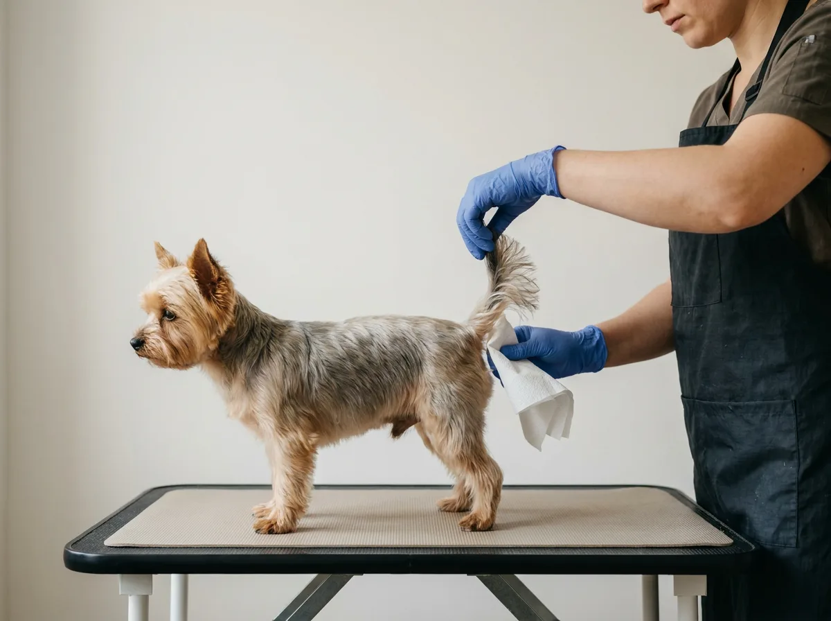 A single groomer in a dark apron and blue gloves lifts a Yorkshire terrier's tail with one hand and holds a folded paper towel near the tail base with the other, the dog standing calmly on a grooming table against a bare wall.