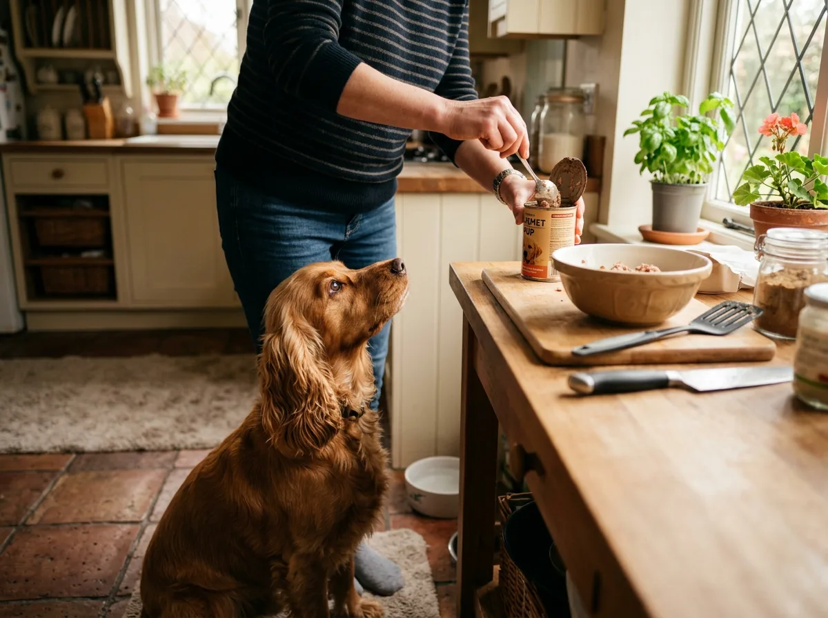 A cocker spaniel looking up attentively while a person prepares food at a kitchen counter