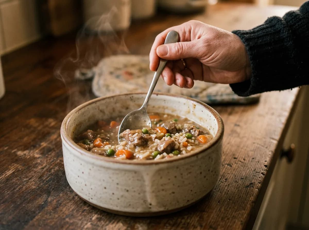 A close-up of a hand stirring gently warmed food in a dog bowl with steam rising