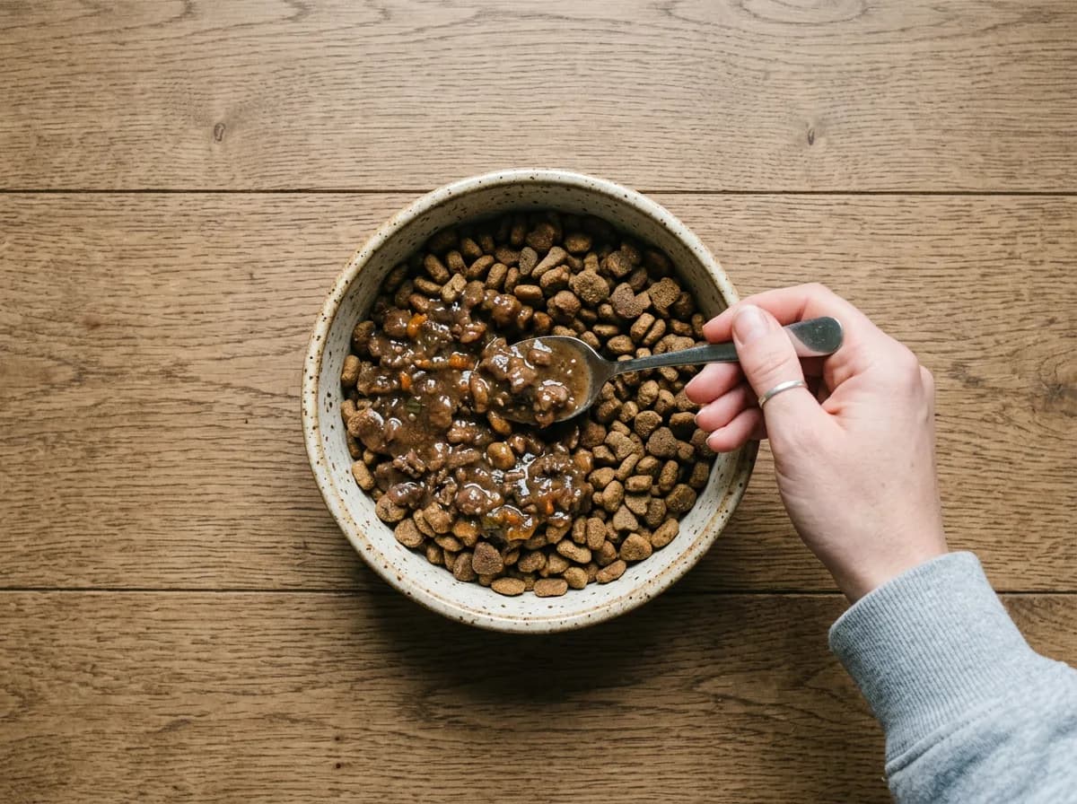 An overhead view of a hand spooning a topper over a bowl of dry dog food