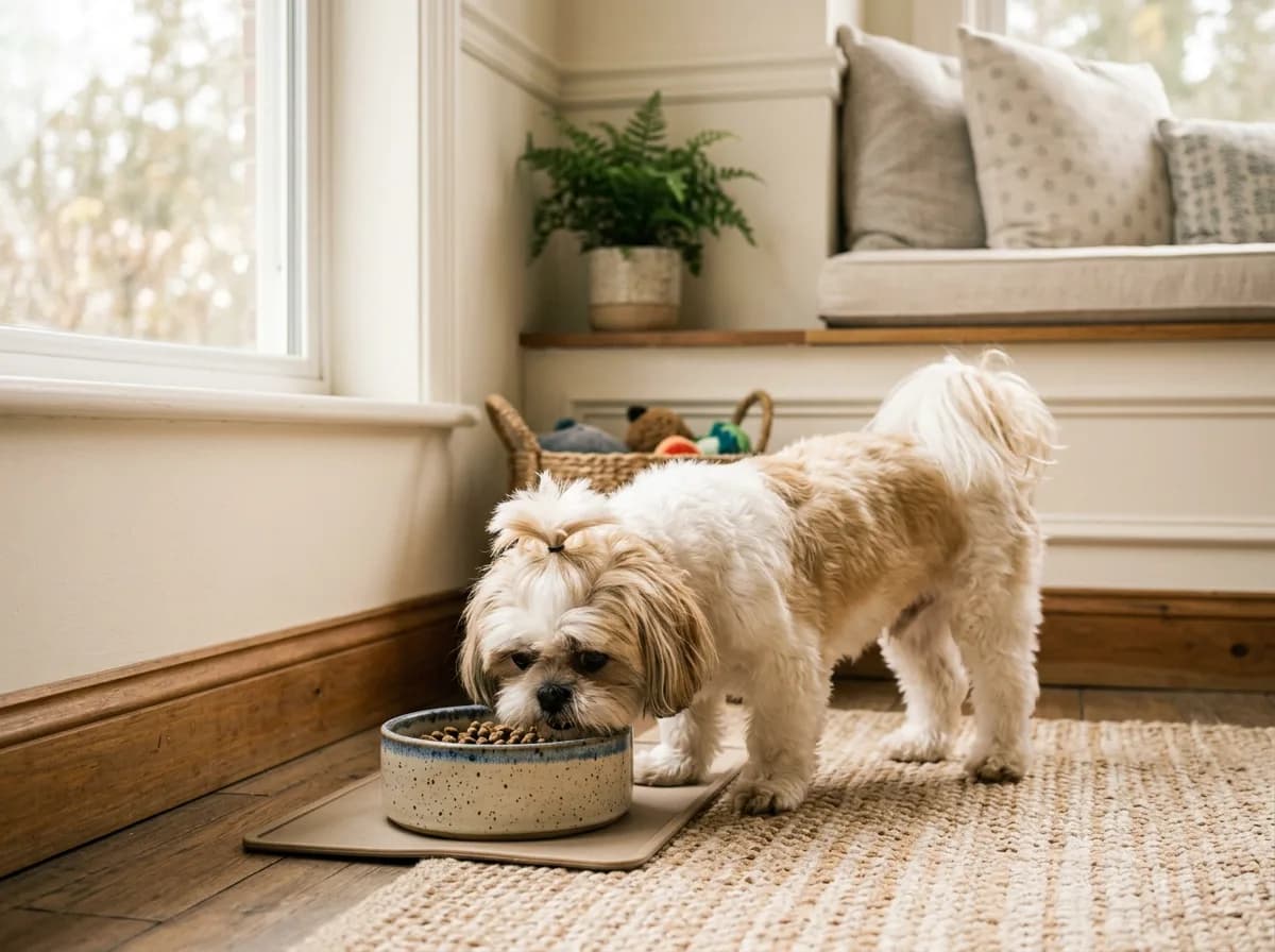 A content Shih Tzu eating from a bowl in a quiet corner of a home