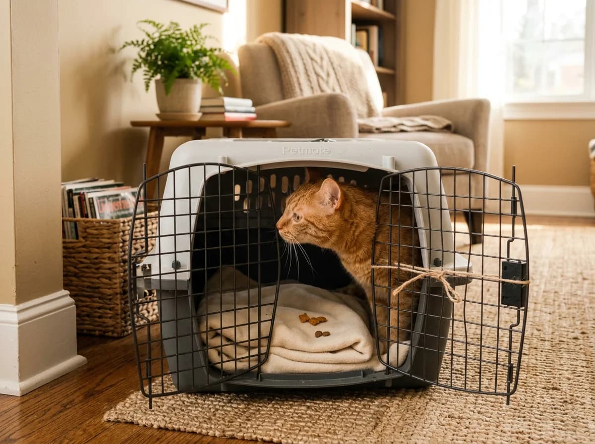 Orange cat sniffing an open carrier left out as furniture with a blanket and treats inside