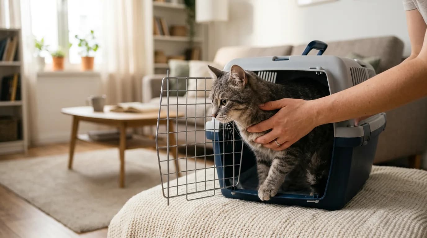 Calm gray tabby cat being gently placed rear-end first into an open pet carrier