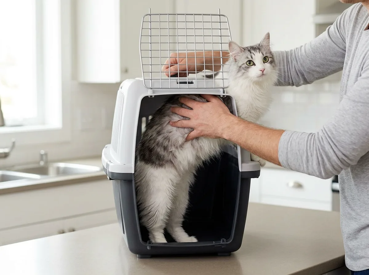 Hands lowering a longhaired cat rear-end first into an upright top-loading carrier