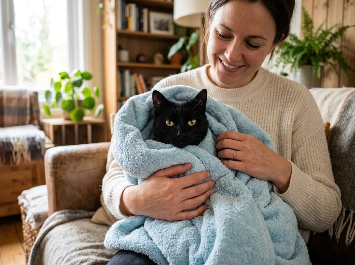 Person wrapping a calm black cat in a towel like a loose burrito before placing it in a carrier