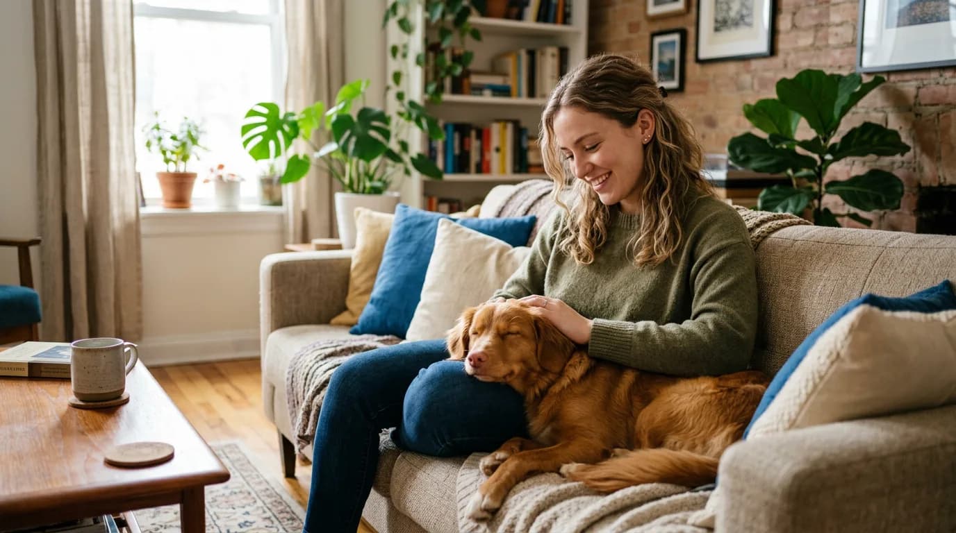 a young woman sitting on a living-room couch at home with a calm medium-sized dog resting its head on her lap