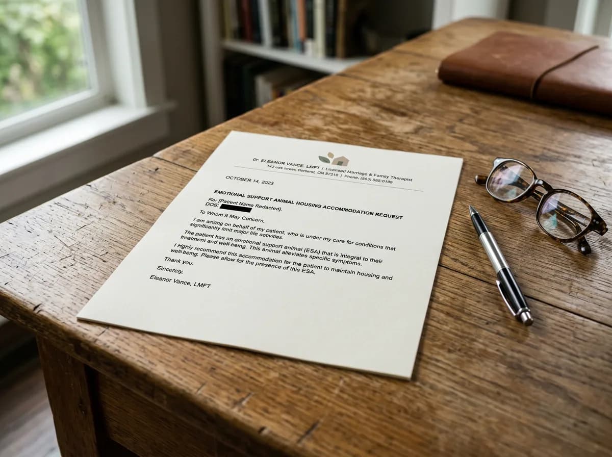 a printed emotional support animal letter on professional letterhead lying on a wooden desk beside a pen and a pair of reading glasses
