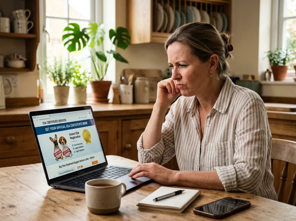 a person at a kitchen table looking skeptically at a laptop screen showing a website that offers to sell an emotional support animal certificate and registration